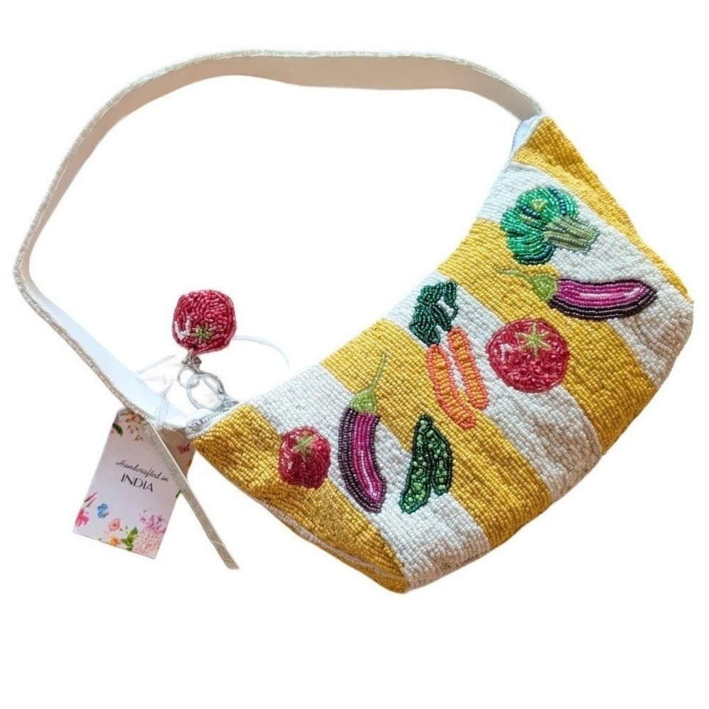 Viral Beaded Handcrafted In India Beaded Vegetable Garden Shoulder Purse NWT